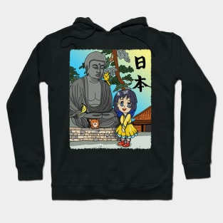 Cute cartoon girl and her cat visit the Great Buddha Hoodie